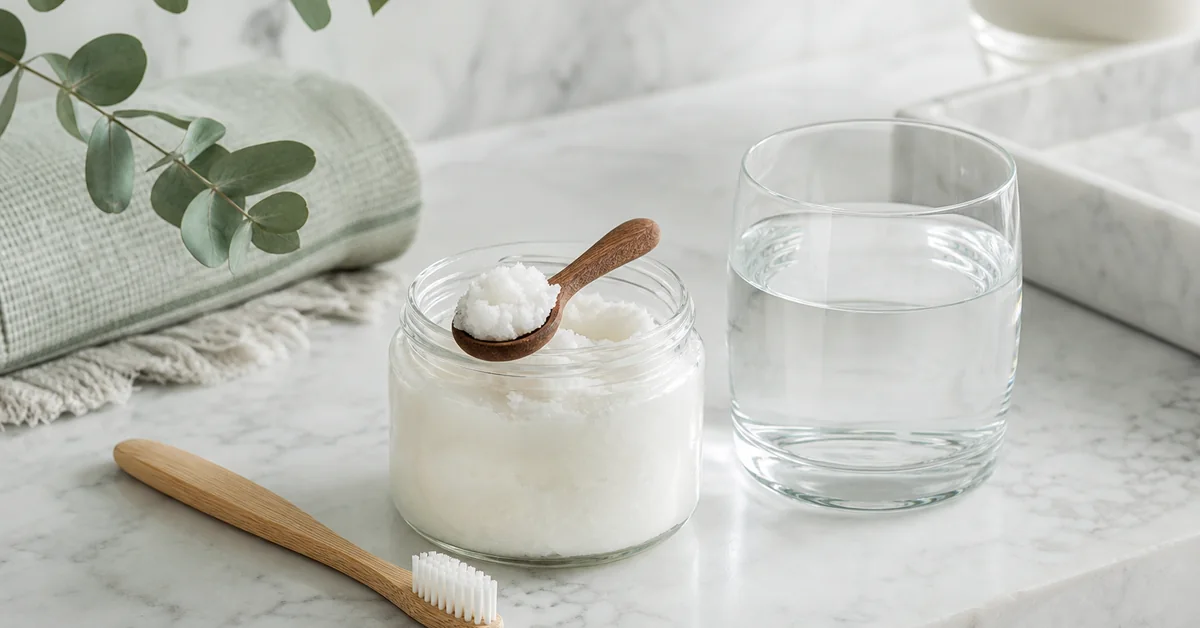 Ein offenes Glas mit weissem Kokosöl, ein Holzlöffel und eine aufgeschnittene Kokosnuss auf einer hellen Küchenablage neben einer Zahnbürste