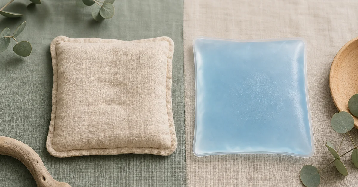 Bouillotte mit Strickbezug und ein blaues Kühlkissen liegen nebeneinander auf einer hellen Decke