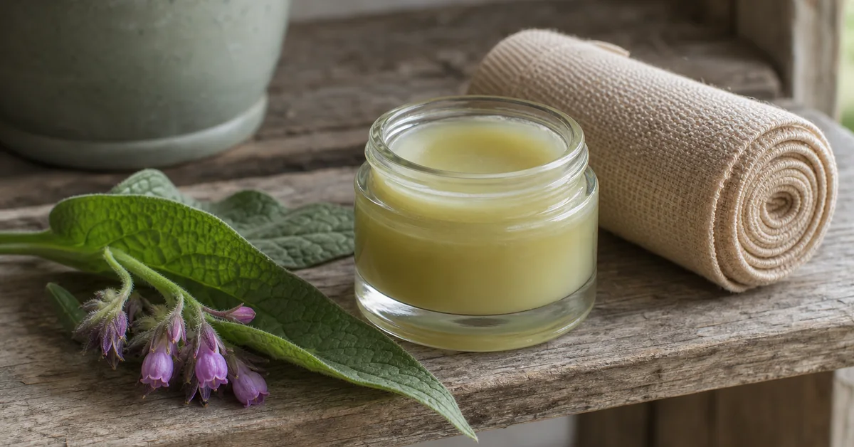 Offene Salbentube und Wallwurz-Salbe auf einem Holztisch, daneben frische Beinwellblätter und violette Blüten der Pflanze