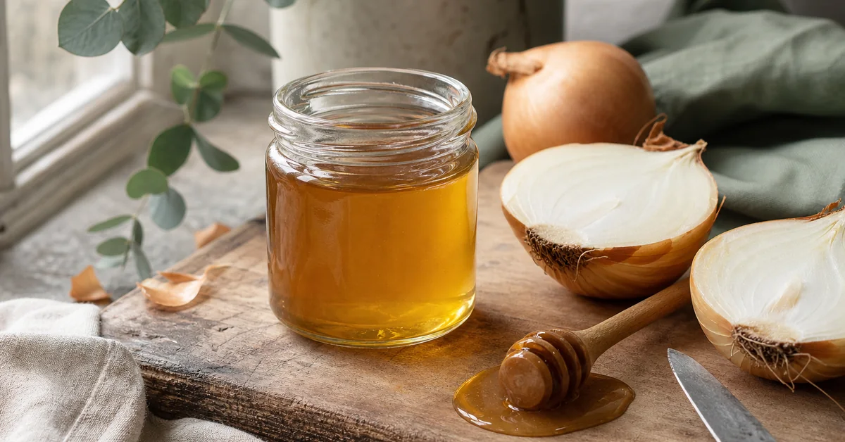 Aufgeschnittene rohe Zwiebel auf einem Holzbrett neben einem Einmachglas mit goldenem Zwiebelsirup und einem Löffel